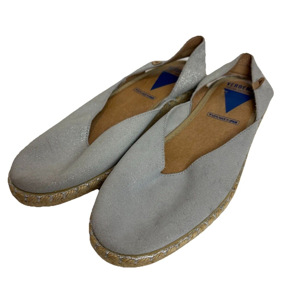 VERBENAS Carmen Leather Slip on Espadrilles Shoes Womens 40 US 9.5-10 Silver
